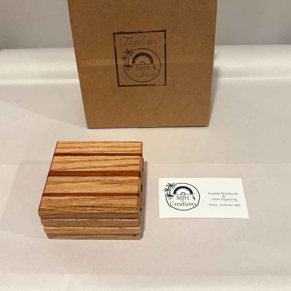 Handmade Set of 4 Wooden Coasters - White Oak & Padauk Wood Components